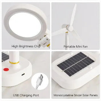 Ivory white solar powered table fan and LED study lamp combination unit on desk