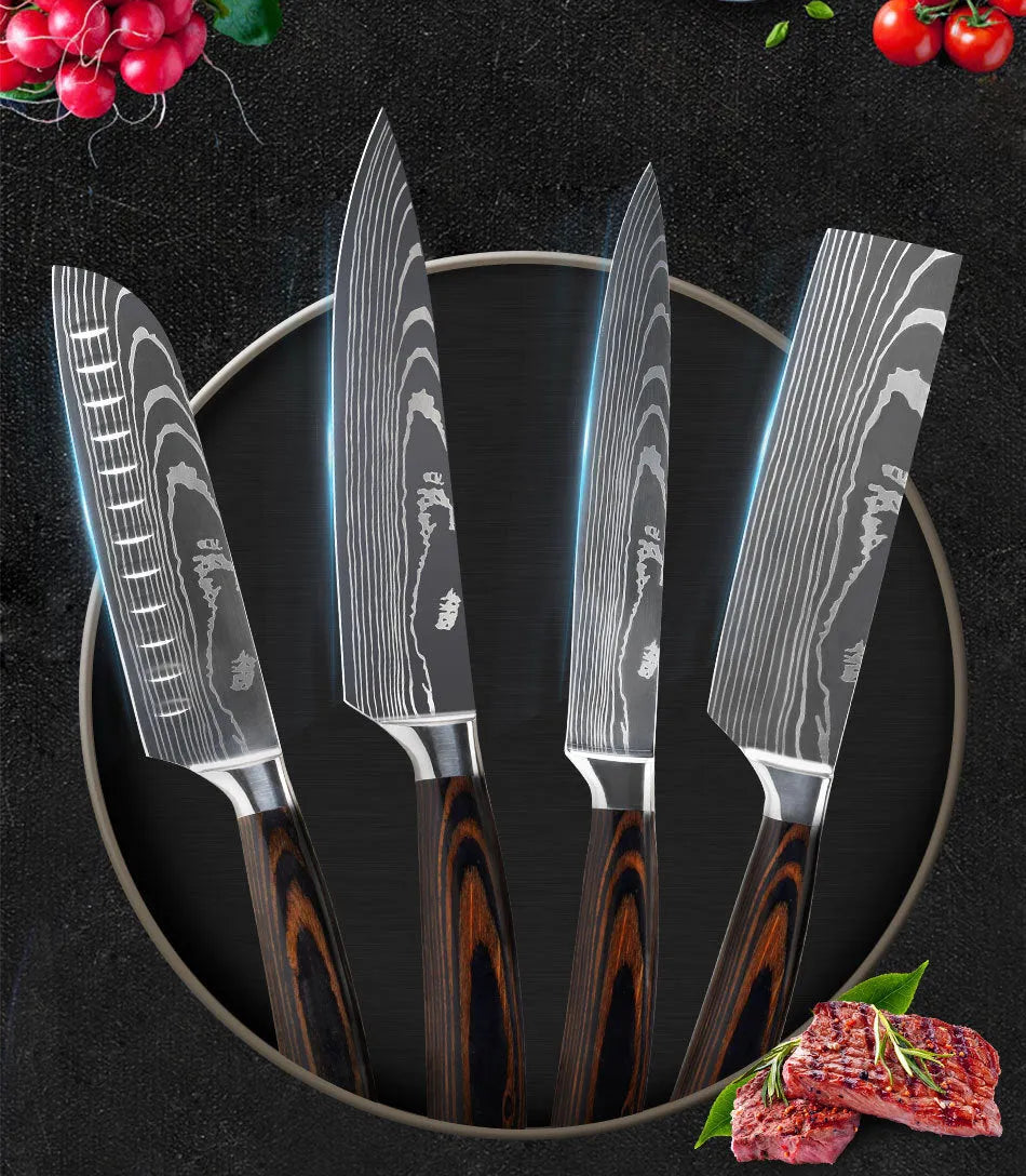 30cm chef knife with Damascus pattern blade and colour steel handle