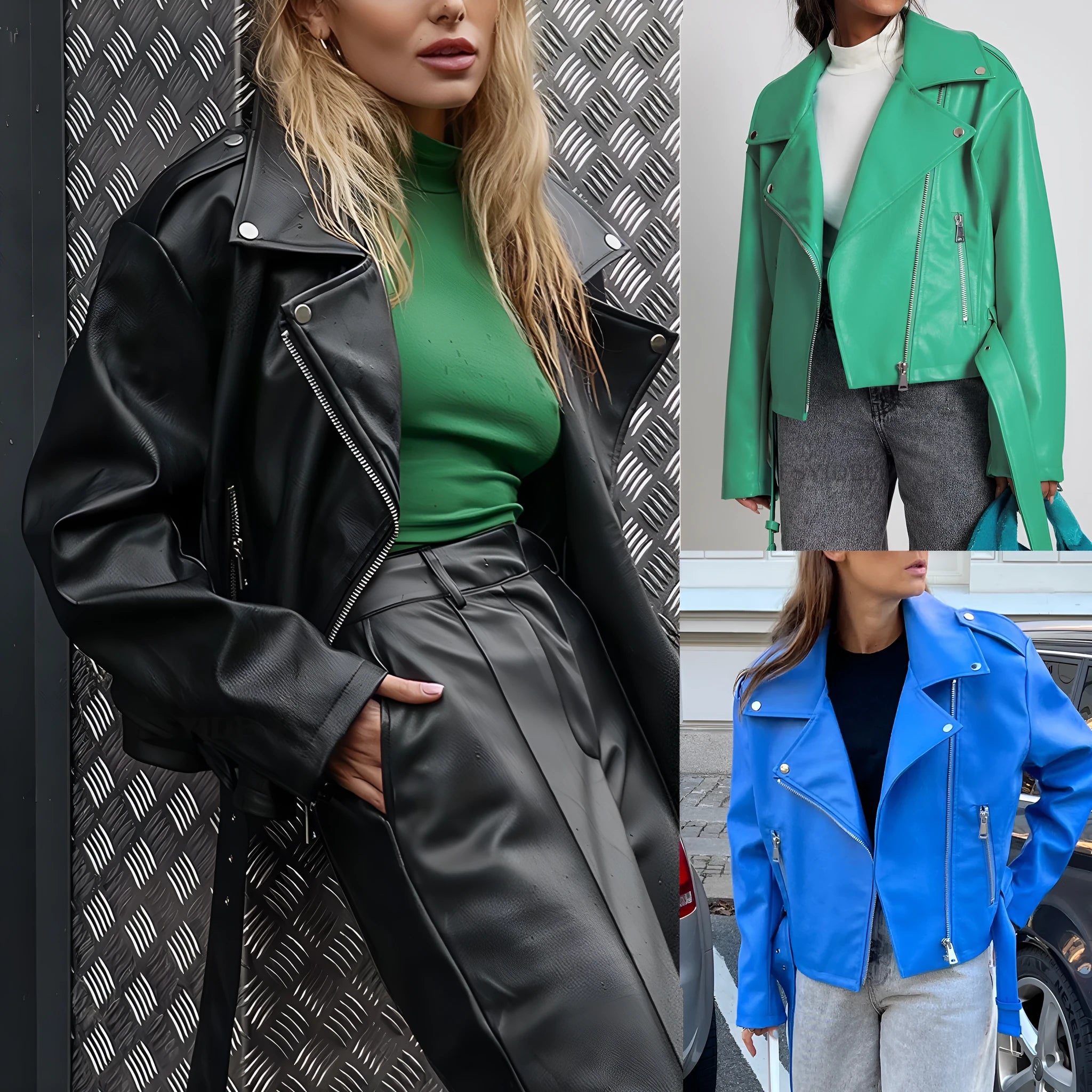 Women's punk short belt lapel jacket in polyester leather with drawstring waist and Peter Pan collar