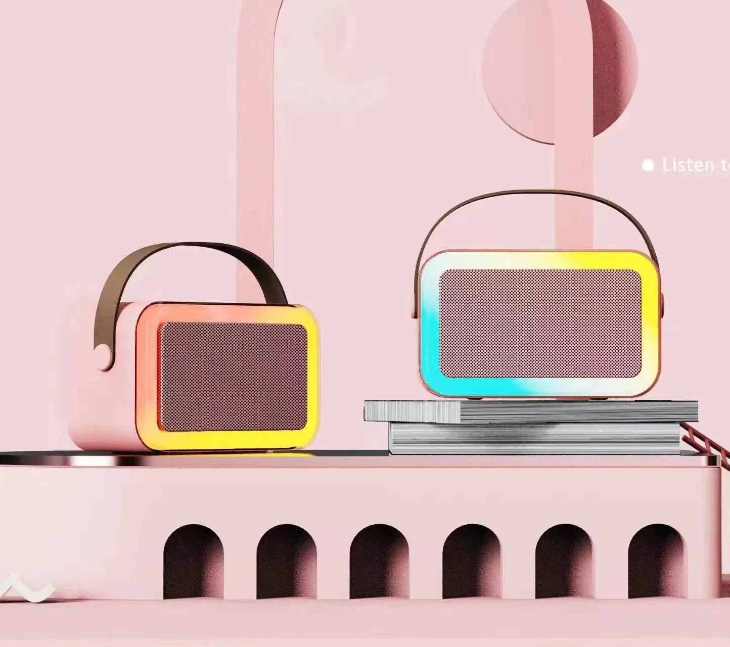Portable Bluetooth speaker microphone with coloured LED lights in pink, white or sky blue colour options