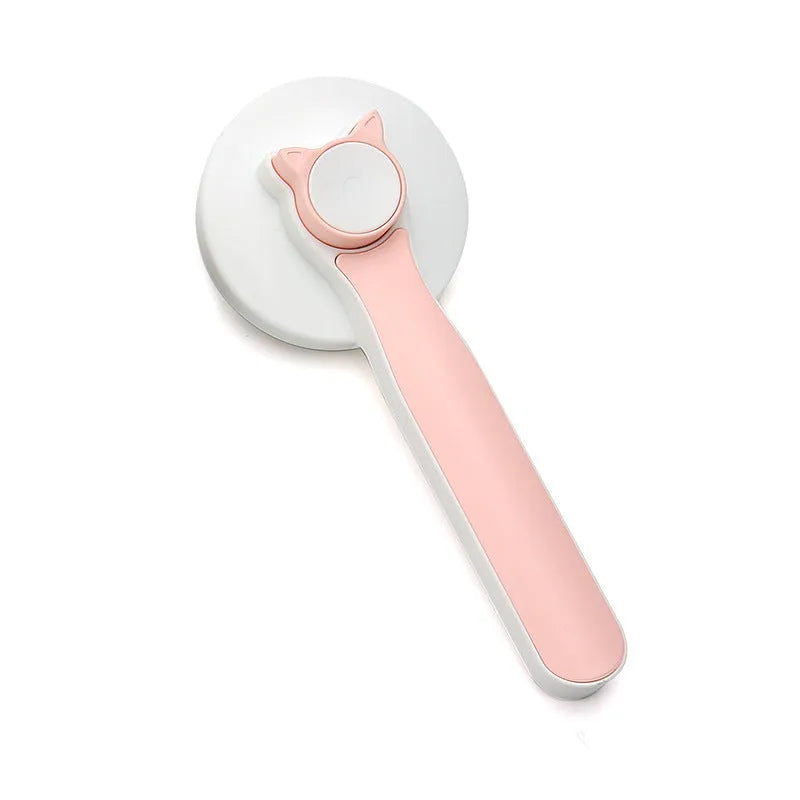 Blue self-cleaning pet grooming brush with ergonomic rubber handle on a white background