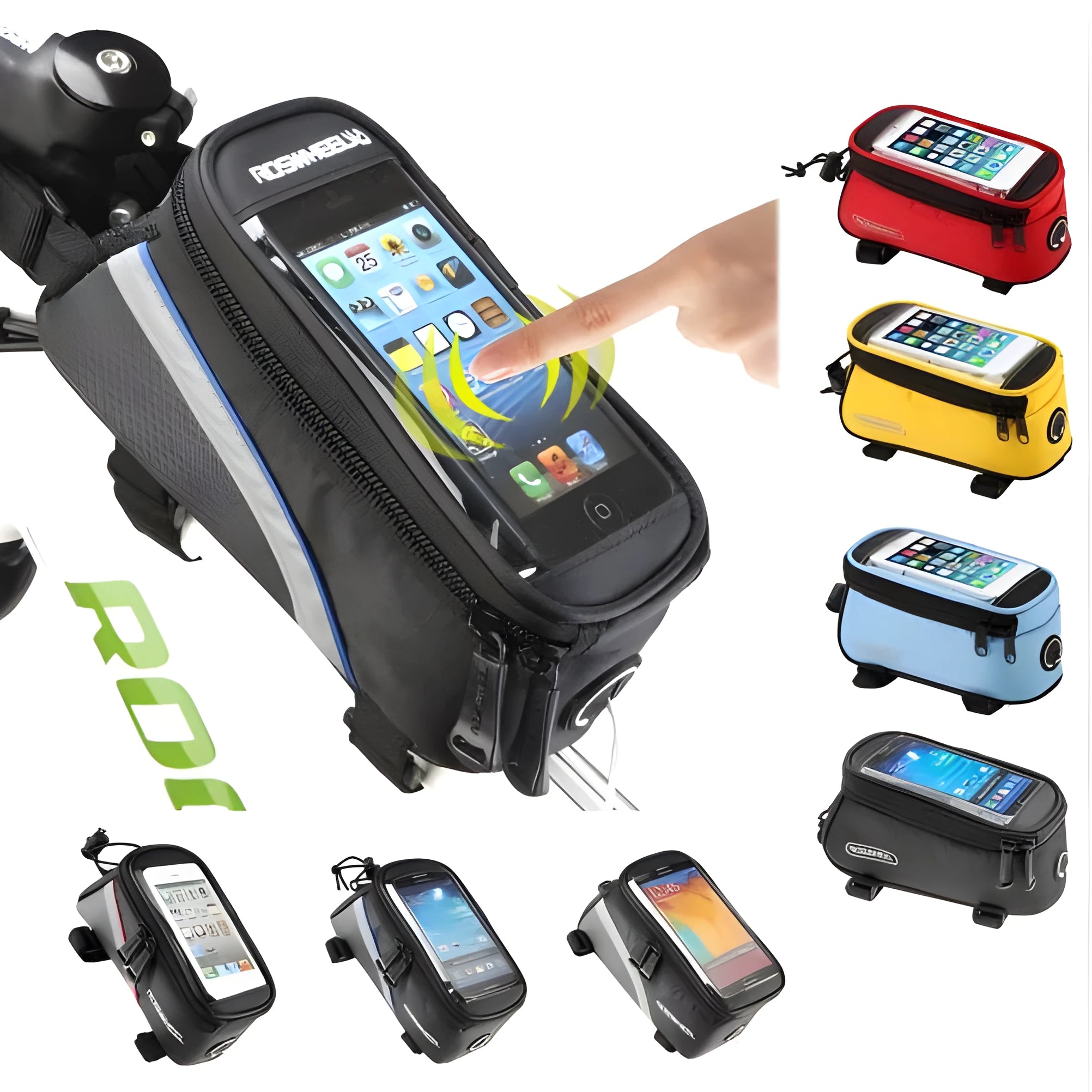 Bicycle frame bag with universal smartphone holder in multiple colours mounted on bicycle handlebars