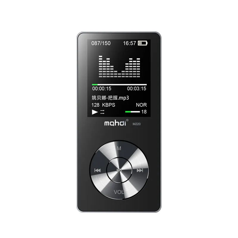 Gold metal MP3 music player with 1.8-inch screen showing menu, placed on a dark surface.