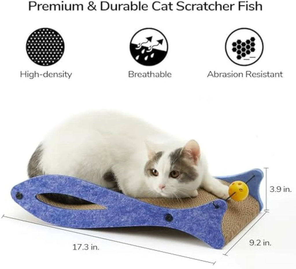 Blue fish-shaped cat scratcher with corrugated paper surface, bell toys, and wavy lounge area