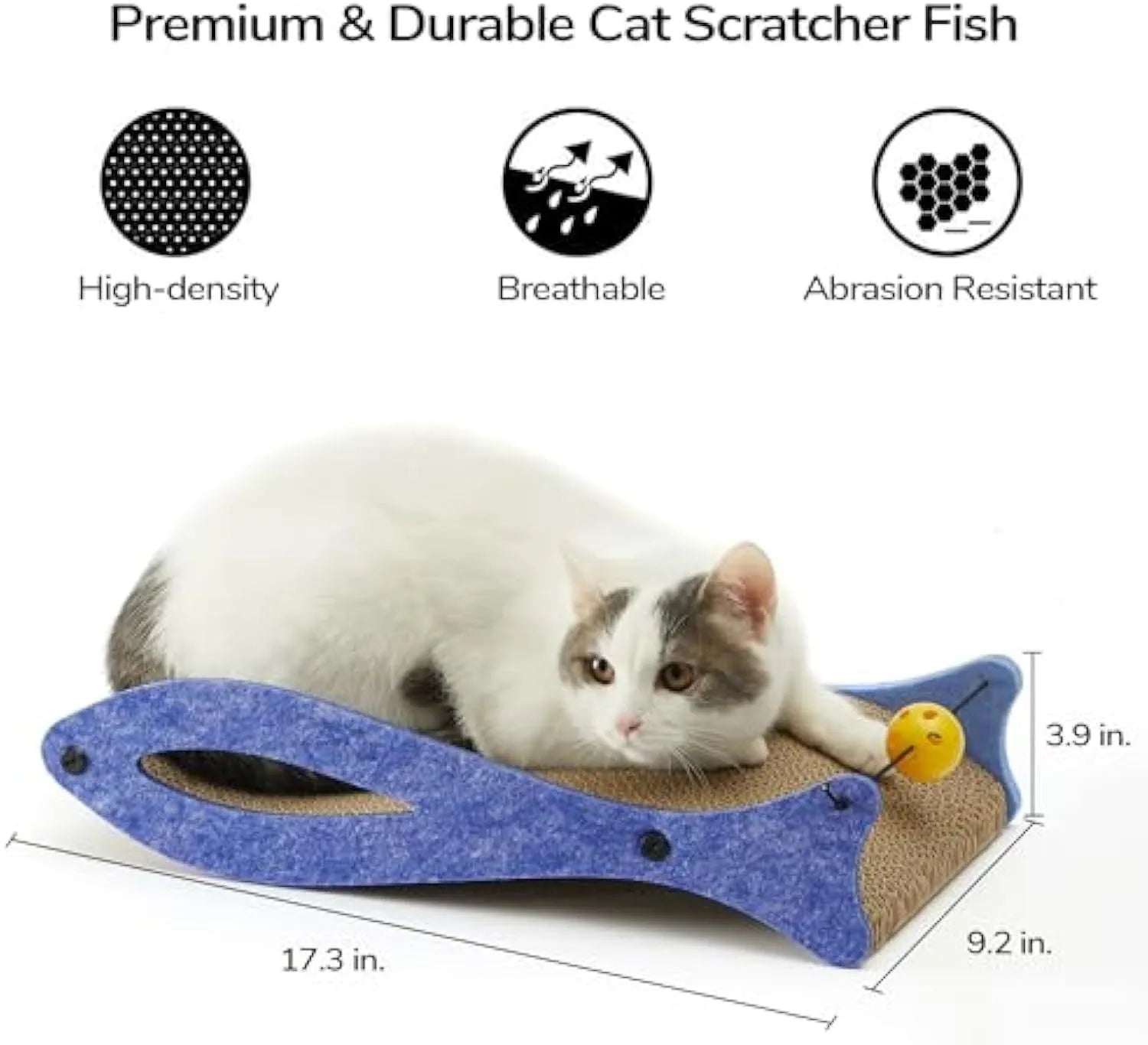 Blue fish-shaped cat scratcher with corrugated paper surface, bell toys, and wavy lounge area