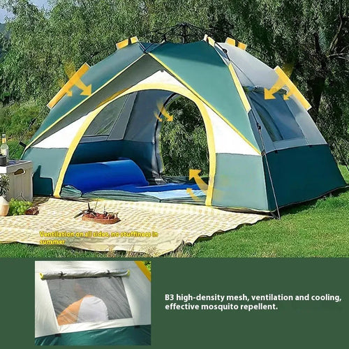 Dark green automatic quick-open camping tent for 3-4 people with year-round suitability