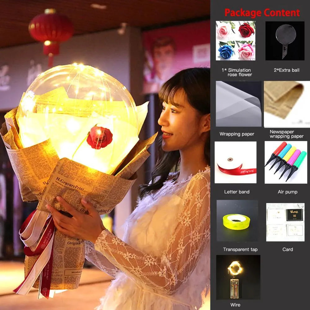 Transparent LED luminous balloon bouquet with artificial rose and glowing light inside, displayed as a DIY kit.