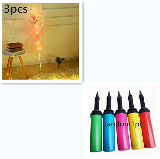 Transparent LED luminous balloon bouquet with artificial rose and glowing light inside, displayed as a DIY kit.