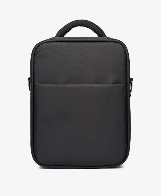 Black Oxford fabric men's messenger bag showing shoulder strap and structured shape