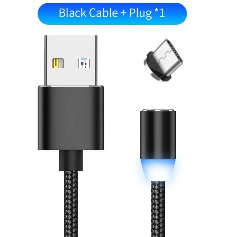 Black magnetic charging cable with LED light and aluminium connectors showing magnetic tip attachment