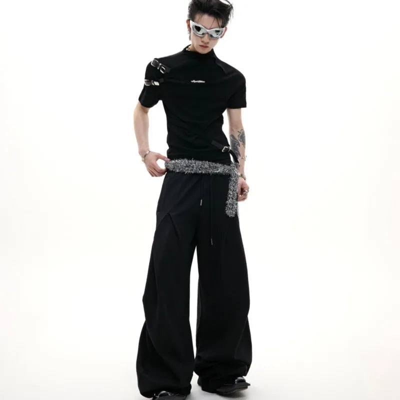 Men's black slim fit short sleeve t-shirt with a stand-up collar and metal belt design detail.
