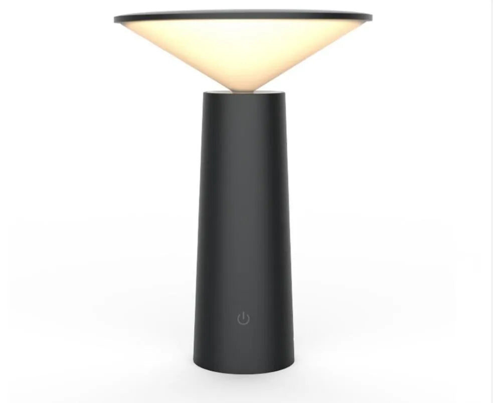 Black and white USB rechargeable LED desk lamp with adjustable head and touch controls.
