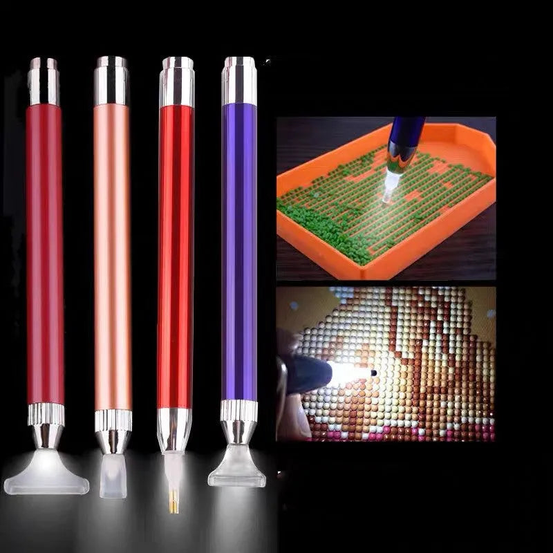 Luminous diamond painting drill pen with aluminium alloy construction and metal frame in blue, gold, or red colours