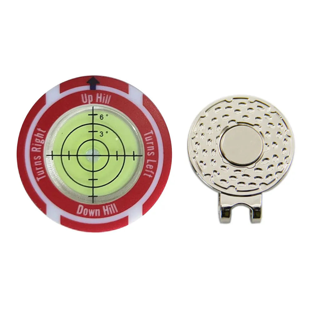Golf spirit level clip with green bubble vial and alignment marks attached to a golf bag strap