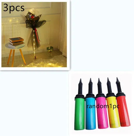 Transparent LED luminous balloon bouquet with artificial rose and glowing light inside, displayed as a DIY kit.