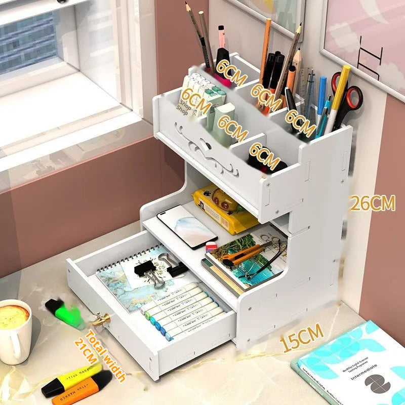 White plastic oblique insertion pen holder storage box with 10 slanted slots on a desktop.