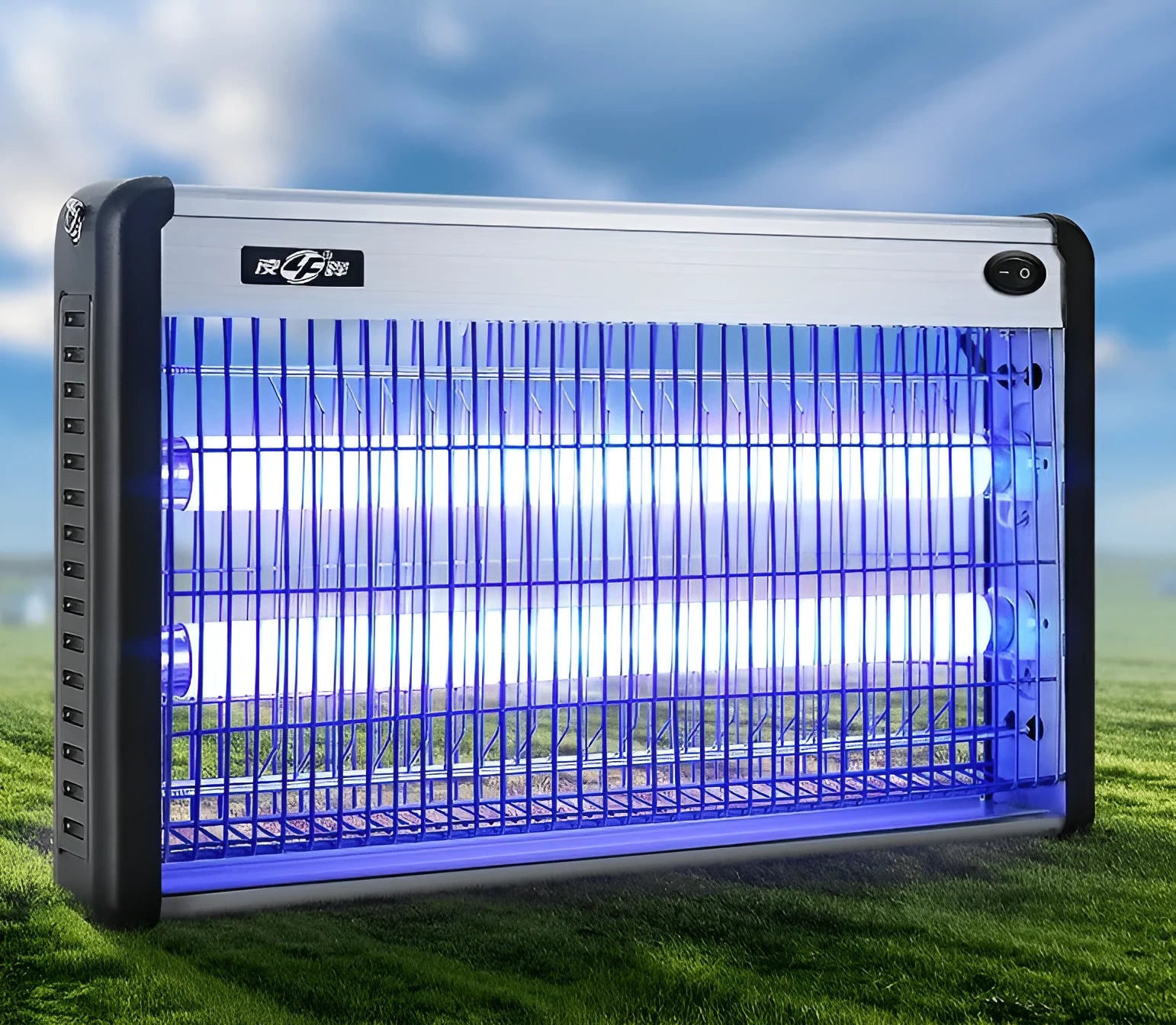 Electric mosquito killing lamp for indoor household and restaurant use, showing model with light on.