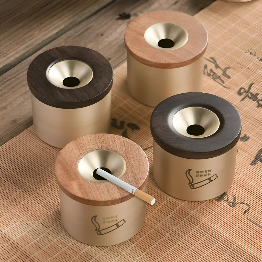 Retro-style solid copper ashtray with a wooden lid in black or red.