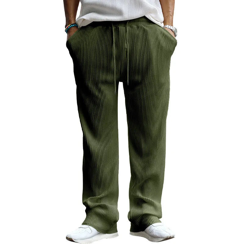 Men's loose straight-leg casual trousers in high-waist design with micro-elastic polyester fabric
