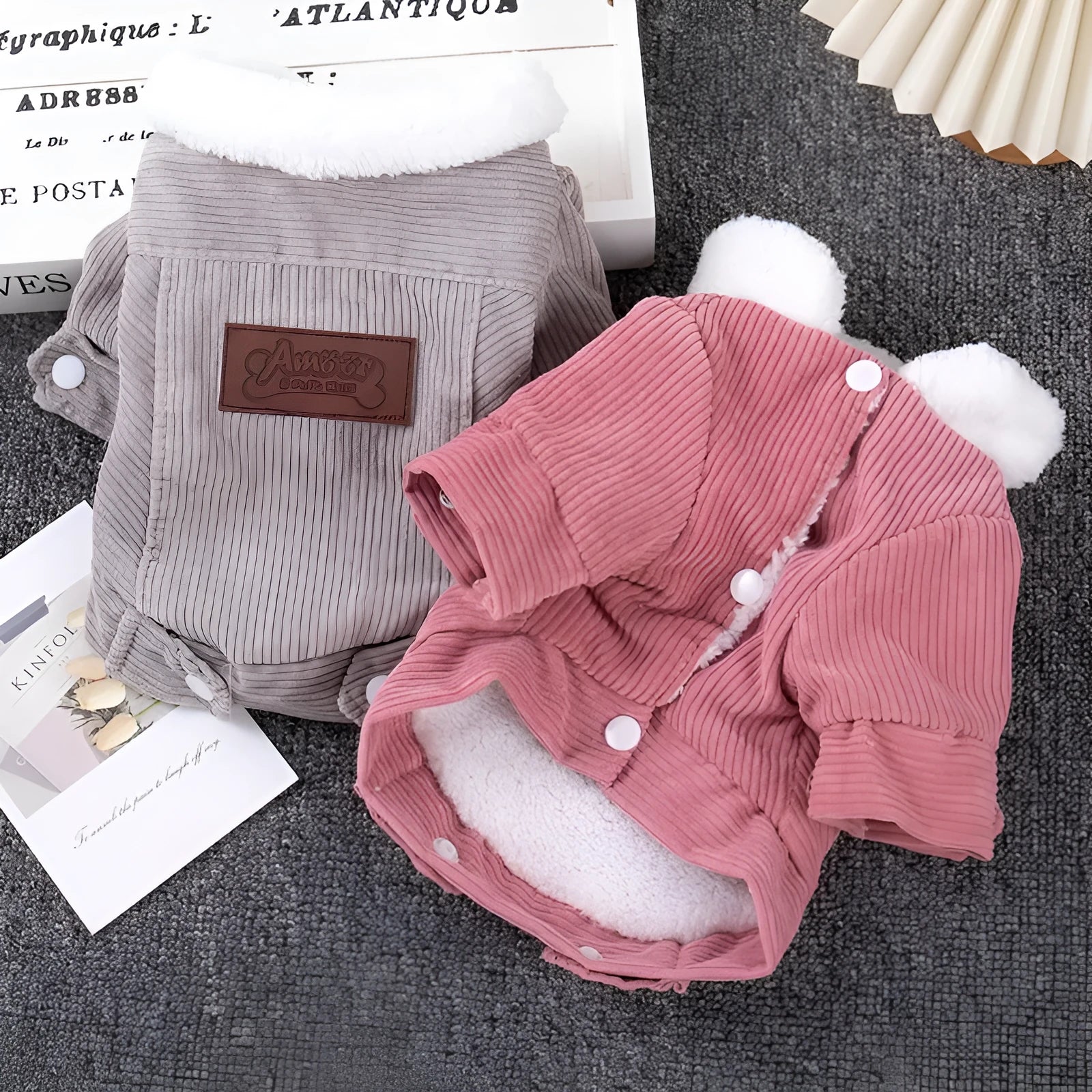 Lambswool dog vest with wool lining in grey or pink, fleece padded for autumn and winter warmth