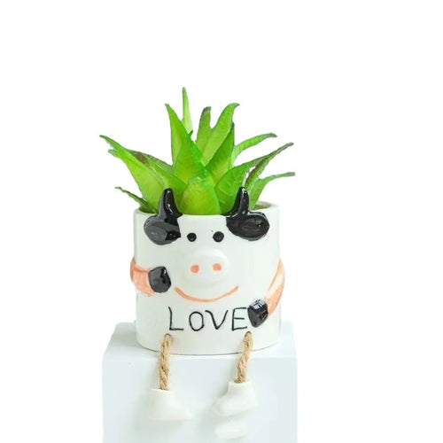 Ceramic desktop flowerpot with hanging foot design and cartoon decoration for succulent plants