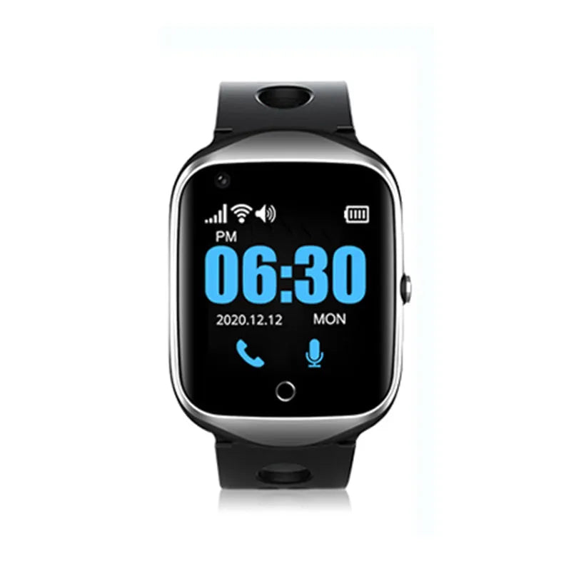 Square screen smartwatch for elderly with GPS tracking and SIM card slot in black colour