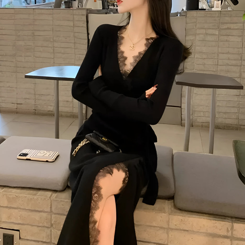 Black slim fit woolen skirt with princess dress styling on dress form