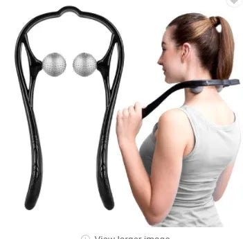 Plastic hand roller neck massager with adjustable stand and removable head in pink, blue, or green colours.