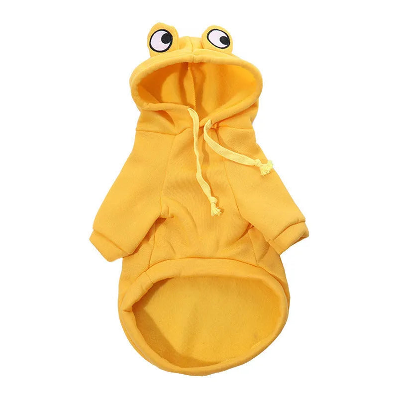 Green frog costume hoodie on small dog showing frog pattern design and hoodie style