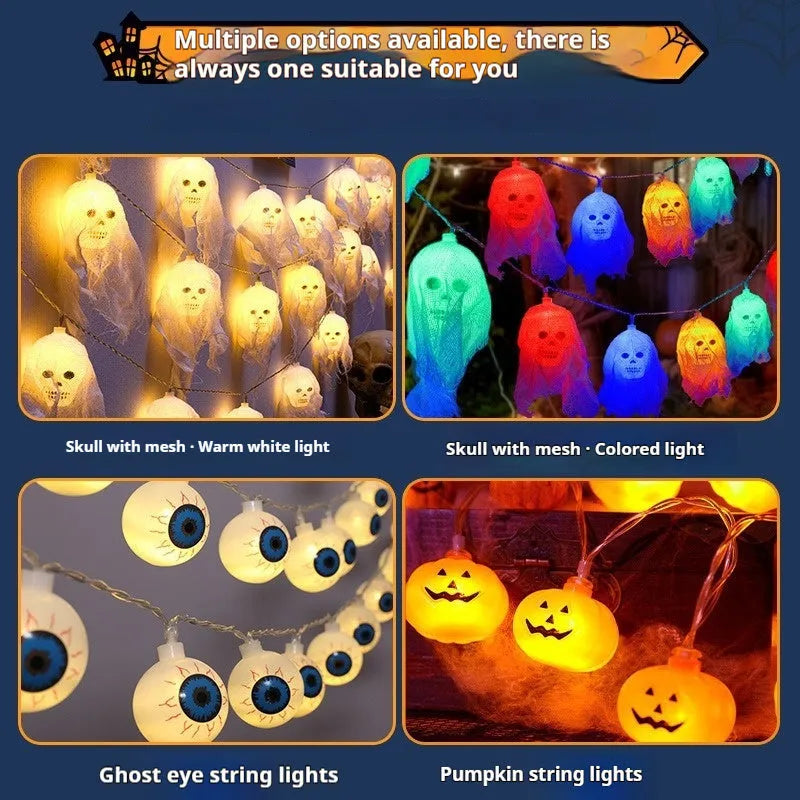 Halloween battery-powered LED coloured string lights for indoor wall decoration showing colour and warm white options