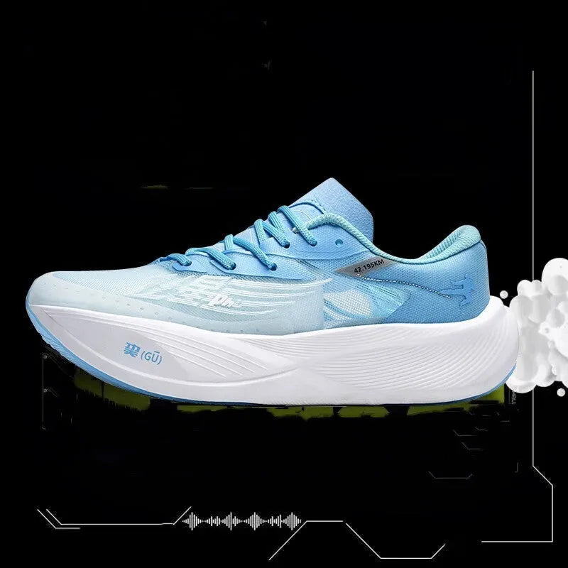 Low top running shoe with carbon plate, natural rubber sole, and PU mesh upper in Glacier colour.