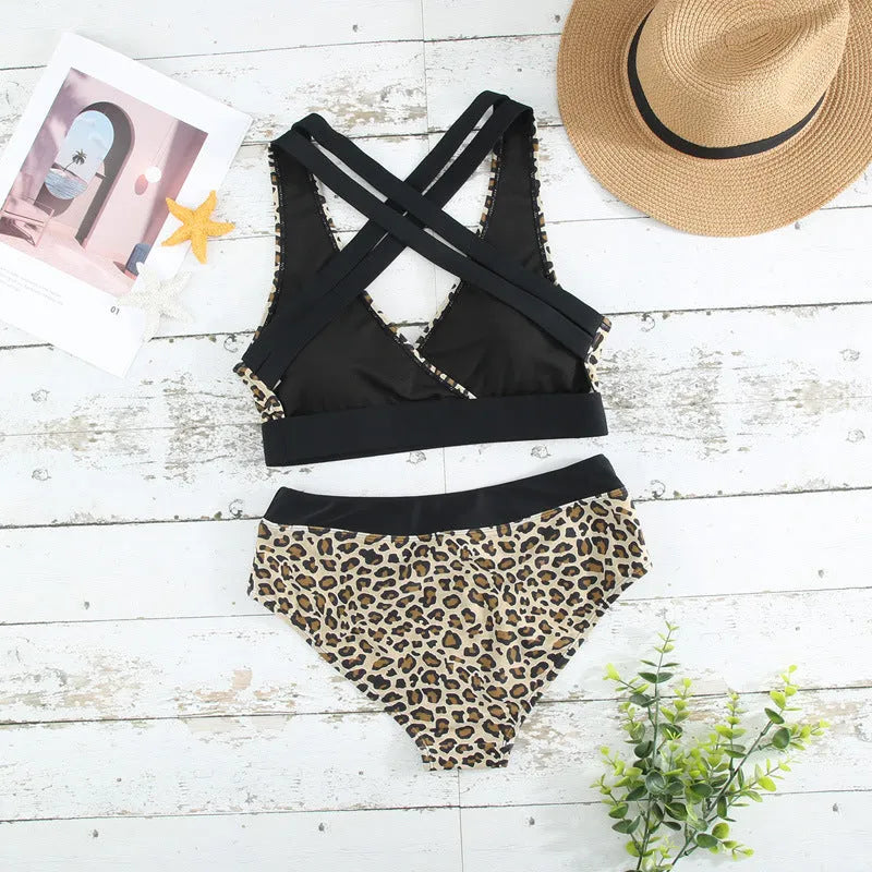 Leopard print bikini swimsuit with V-neck split front and cross banded back design