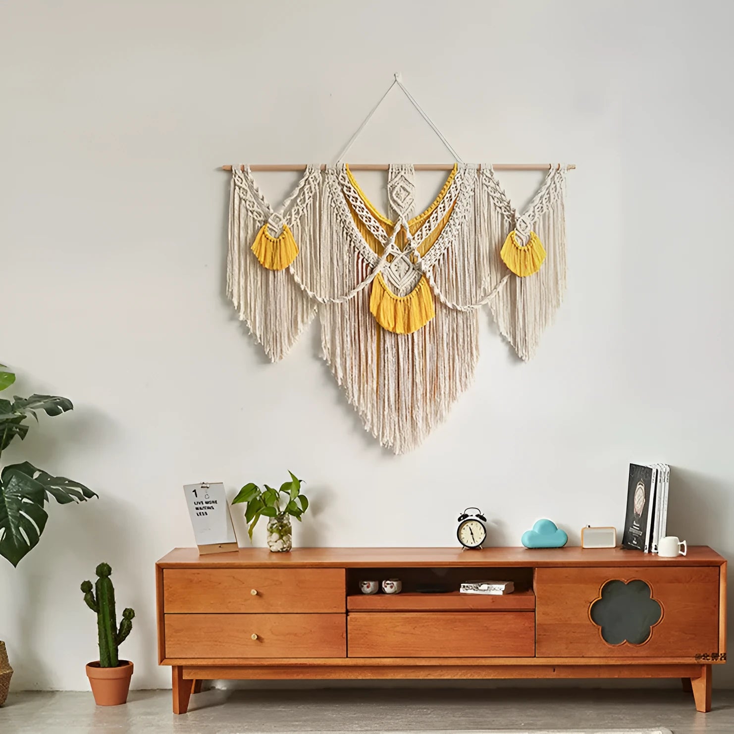 Nordic style hand-woven cotton tapestry wall hanging with creamy white and yellow threads