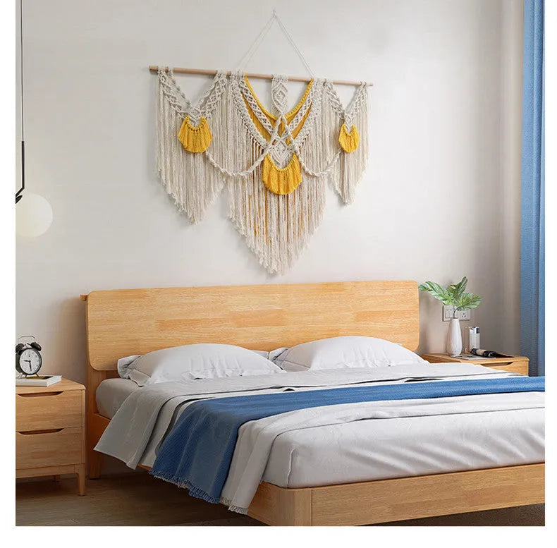 Nordic style hand-woven cotton tapestry wall hanging with creamy white and yellow threads