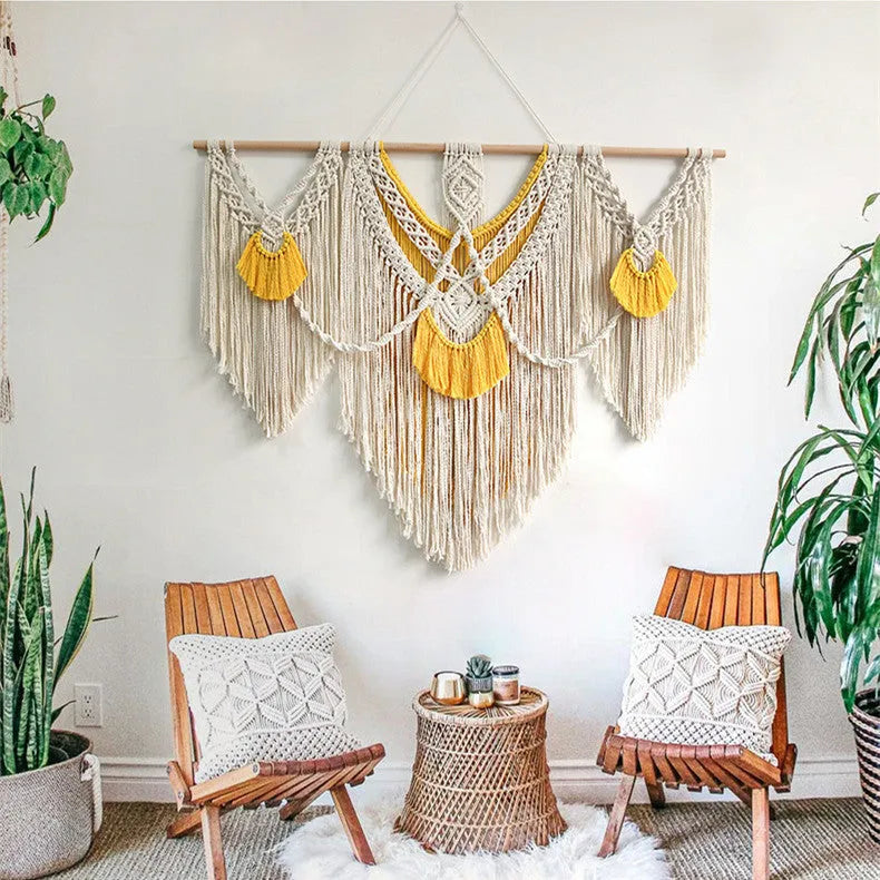 Nordic style hand-woven cotton tapestry wall hanging with creamy white and yellow threads