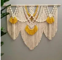 Nordic style hand-woven cotton tapestry wall hanging with creamy white and yellow threads