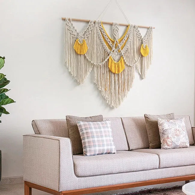 Nordic style hand-woven cotton tapestry wall hanging with creamy white and yellow threads