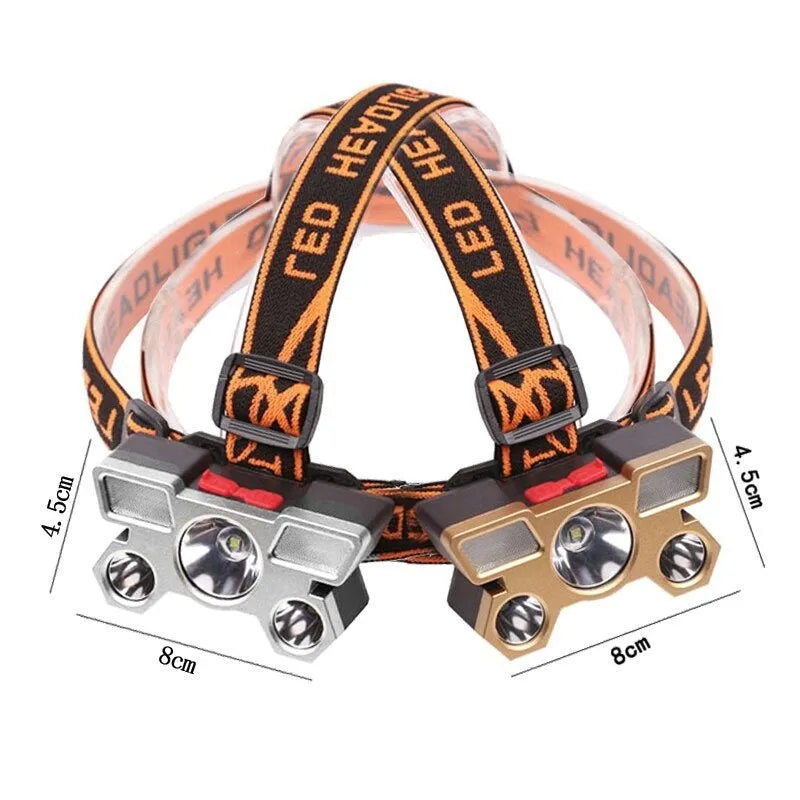 PVC head-mounted miner's lamp with LED light, adjustable headband, and charging cable
