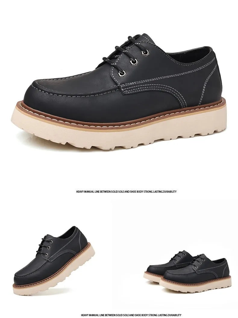 Men's black retro Martin boots with round toe and low-top design on a plain background