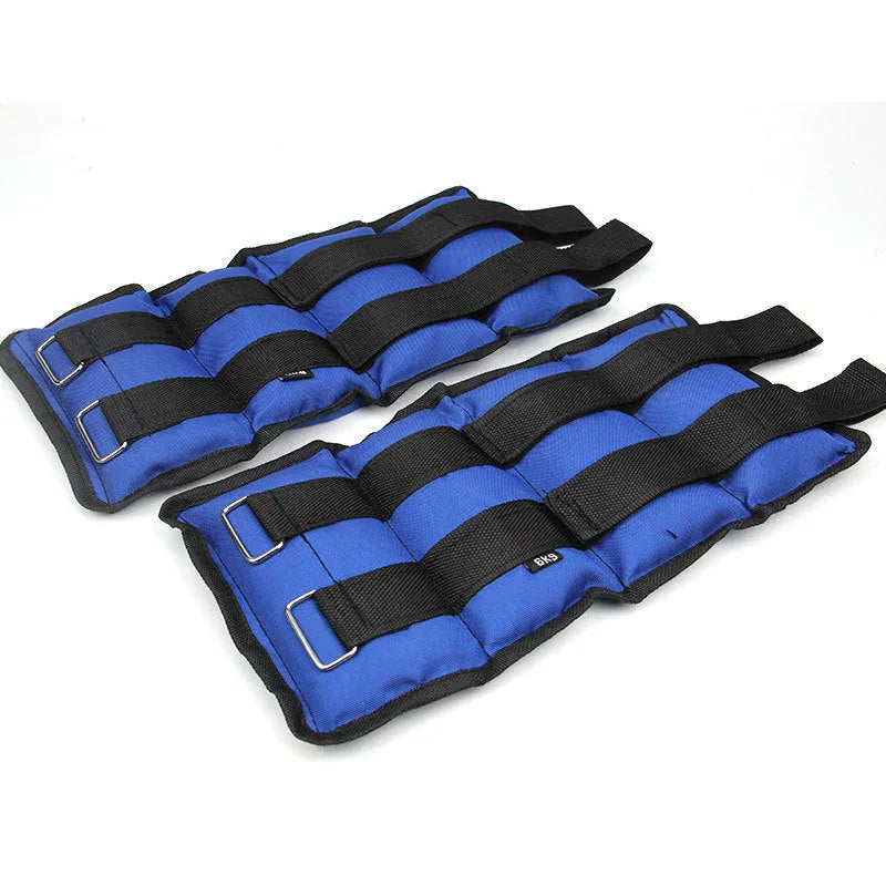 A pair of Oxford cloth legging sandbags for track and field running, showing adjustable weight options.