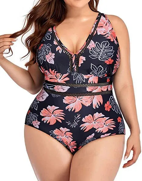 Black plus size women's bikini with mesh printing and Siamese stitching in sizes S to 5XL