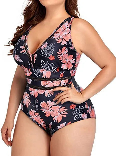 Black plus size women's bikini with mesh printing and Siamese stitching in sizes S to 5XL