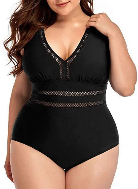 Black plus size women's bikini with mesh printing and Siamese stitching in sizes S to 5XL