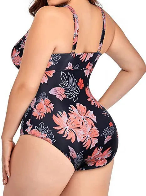 Black plus size women's bikini with mesh printing and Siamese stitching in sizes S to 5XL