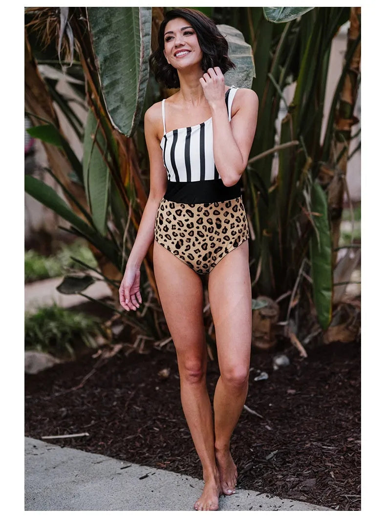 Women's leopard print one-piece swimsuit with asymmetric collar and high-waisted triangle brief