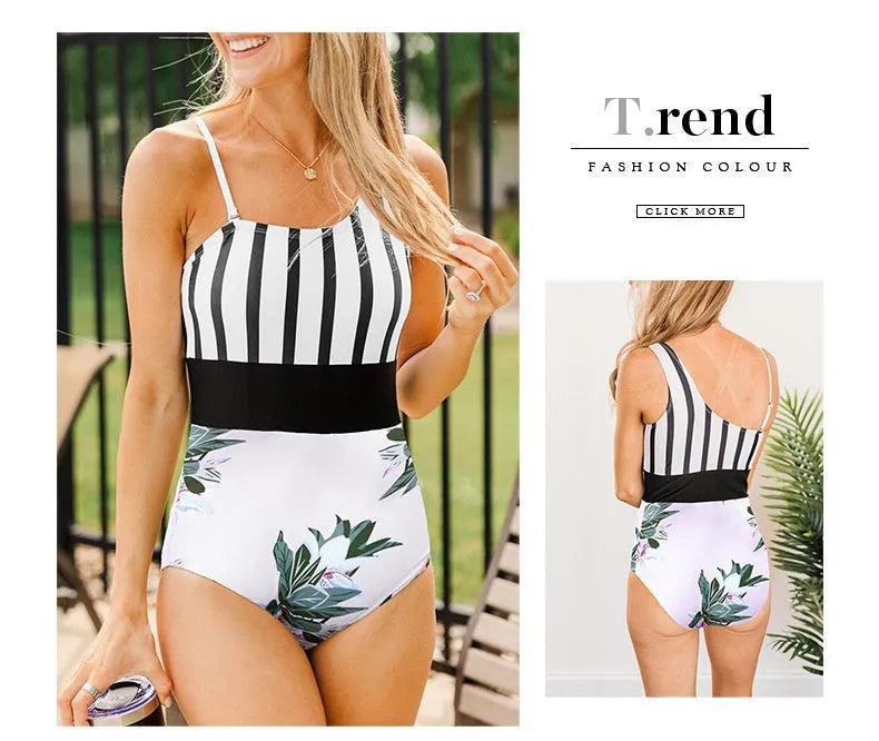 Women's leopard print one-piece swimsuit with asymmetric collar and high-waisted triangle brief