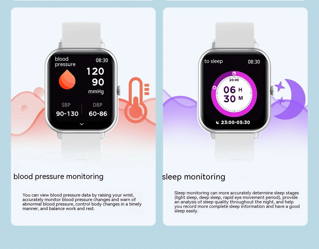 One-Click Link AI Voice Heart Rate Smart Watch in black, silver, pink, and khaki on wrist.