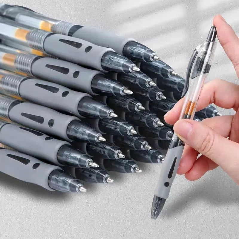 0.5mm gel pen with plastic body in black, blue, and red ink colour options