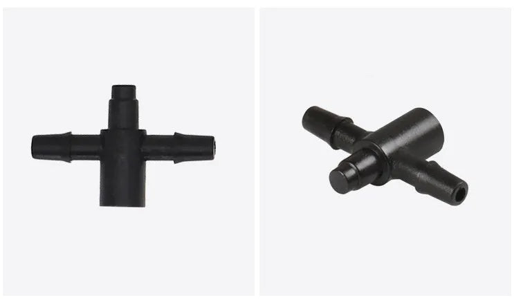 White PE plastic tee water distributor joint for garden micro-spray irrigation systems.