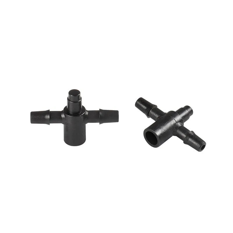 White PE plastic tee water distributor joint for garden micro-spray irrigation systems.